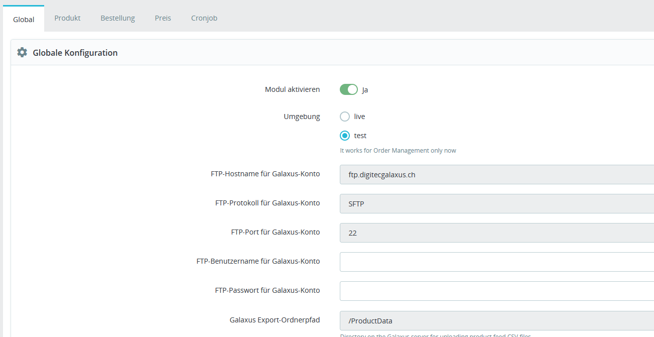 PrestaShop: Konfiguration Galaxus FTP Zugang